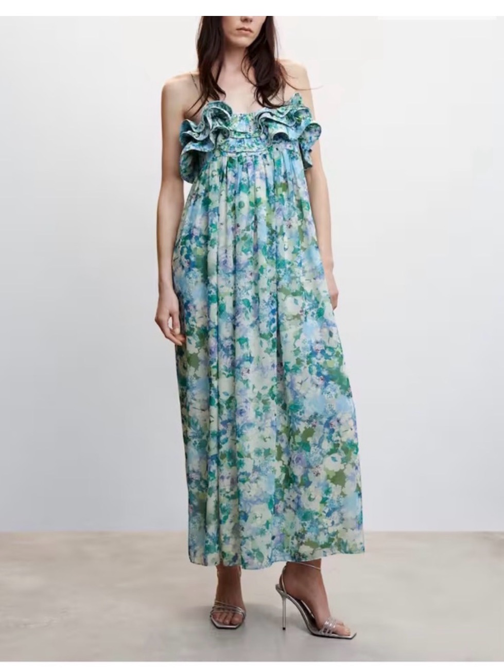 Mango Sky Blue Floral Ruffled Dress Size Us 2